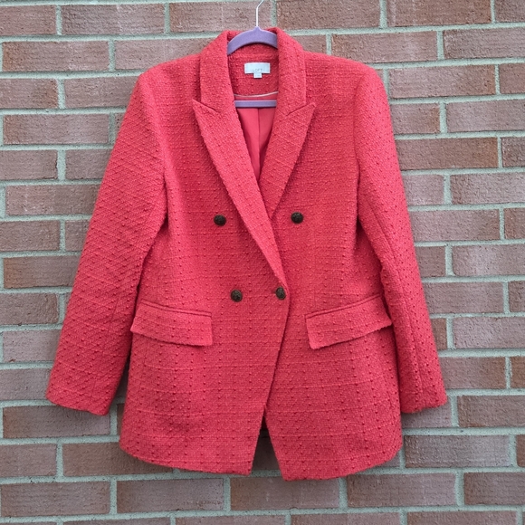Loft Tweed Double Breasted Coral Red Blazer Size 12 - Picture 4 of 8